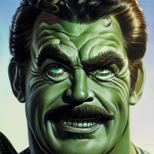 Prompt: ultra realistic head and shoulders portrait painting of tom selleck as green goblin, art by frank frazetta, 4 k, ultra realistic, highly detailed, epic lighting