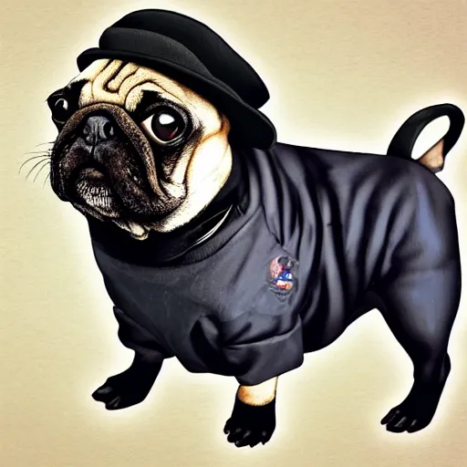 Image similar to a gentleman pug wearing a black jacket and a cap, art station