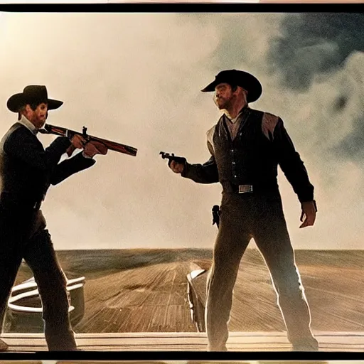 Prompt: wyatt earp and doc holliday having a duel on the deck of a spaceship from the movie interstellar, high detail