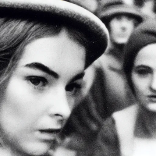 Prompt: still from a masterpiece 1 9 6 0 s french art film, beautiful girl in beret with large eyebrows sits in the far background with an angry expression, moody lighting, viewed from afar, cinematic shot, the camera is focused on a crowd of people