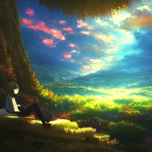 Image similar to a heavenly dream view from the interior of my cozy dream world filled with color from a Makoto Shinkai oil on canvas inspired pixiv dreamy scenery art majestic fantasy scenery fantasy pixiv scenery art inspired by magical fantasy exterior illumination of awe and wonder