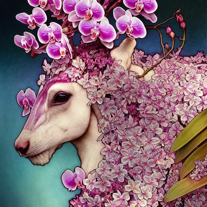 Image similar to psychedelic animal made of orchid and cherry blossom tree, diffuse lighting, fantasy, intricate, elegant, highly detailed, lifelike, photorealistic, digital painting, artstation, illustration, concept art, smooth, sharp focus, art by John Collier and Albert Aublet and Krenz Cushart and Artem Demura and Alphonse Mucha and Giuseppe Arcimboldo