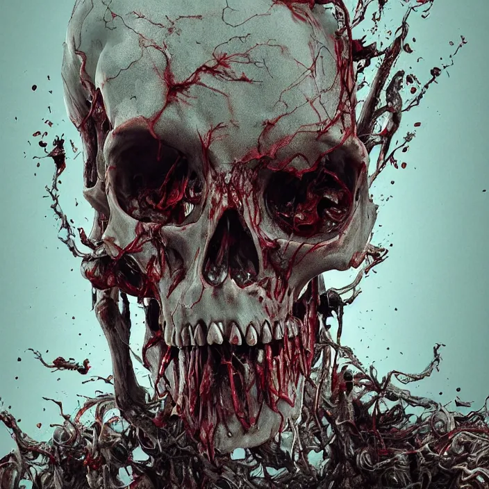 Image similar to portrait of a melting skull. razor sharp teeth. infected with zombie fungus. intricate abstract. intricate artwork. nightmare fuel. by Tooth Wu, wlop, beeple, dan mumford. octane render, trending on artstation, greg rutkowski very coherent symmetrical artwork. cinematic, hyper realism, high detail, octane render, 8k, iridescent accents