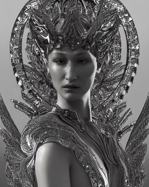 Image similar to a highly detailed metahuman 4 k close up render of a bella hadid as archangel monument renaissance in iris van herpen dress schiaparelli in diamonds crystals swarovski and jewelry iridescent in style of alphonse mucha gustav klimt trending on artstation made in unreal engine 4