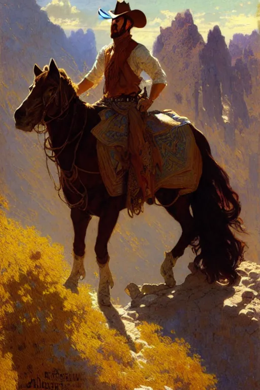 Image similar to attractive man, cowboy, beautiful mountain, cool colors, painting by gaston bussiere, craig mullins, greg rutkowski, alphonse mucha