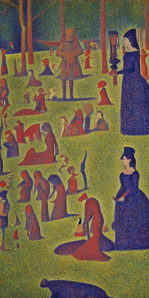 Image similar to a film still of vulvina about a queen in love with the death,, painted by georges seurat, impressionism, pointillism, detailed