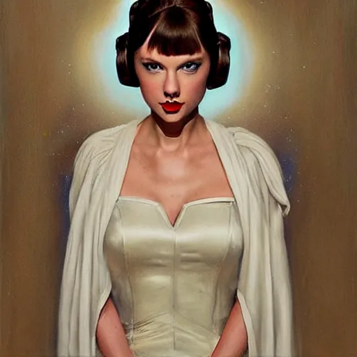 Prompt: Taylor Swift as Princess Leia, portrait painted by Normand Rockwell