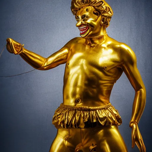 Image similar to a photo of a detailed golden statue of a Clown, 8K,