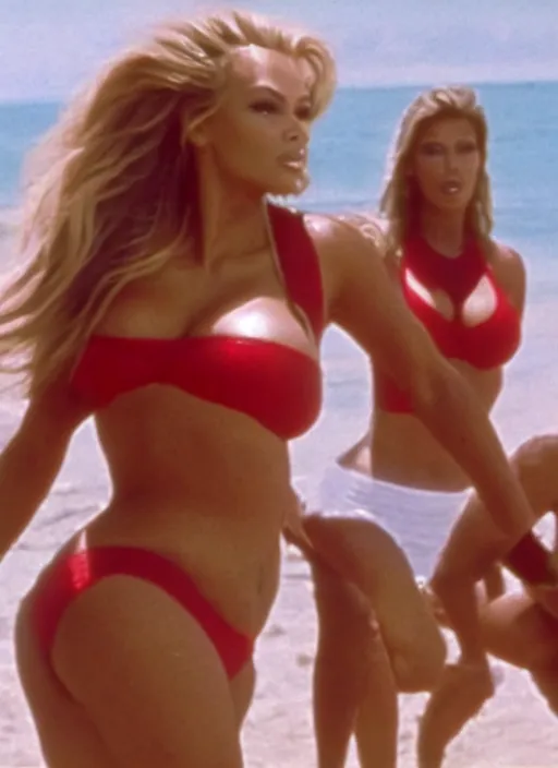 Prompt: a film still of kim kardashian as pamela anderson in baywatch. cinematic.