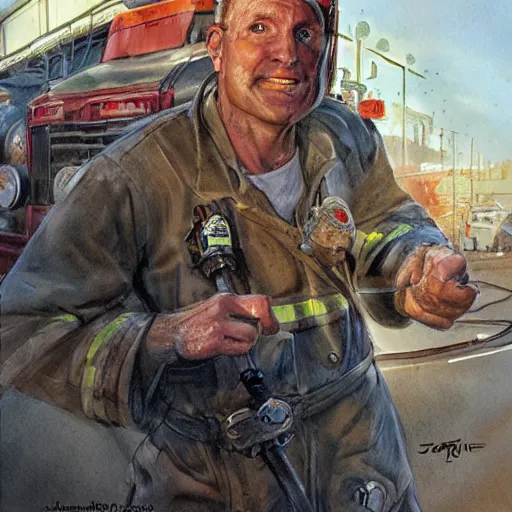 Prompt: fireman man strikes again, concept art by James Gurney.