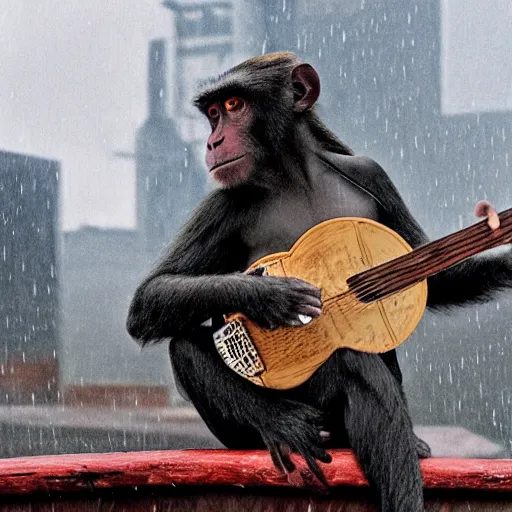 Image similar to movie still of a monkey playing banjo on a rooftop in the rain, hyper realistic, dark, gothic, nightcore, 4 k, highly detailed, beautifully rendered