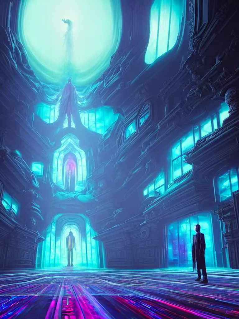 Image similar to entrance to ethereal realm, god waiting, rendered in unreal engine, central composition, symmetrical composition, dreamy colorful cyberpunk colors, 6 point perspective, fantasy landscape with anthropomorphic!!! terrain!!! in the styles of igor morski, jim warren, and rob gonsalves, intricate, hyperrealistic, volumetric lighting, neon ambiance, distinct horizon