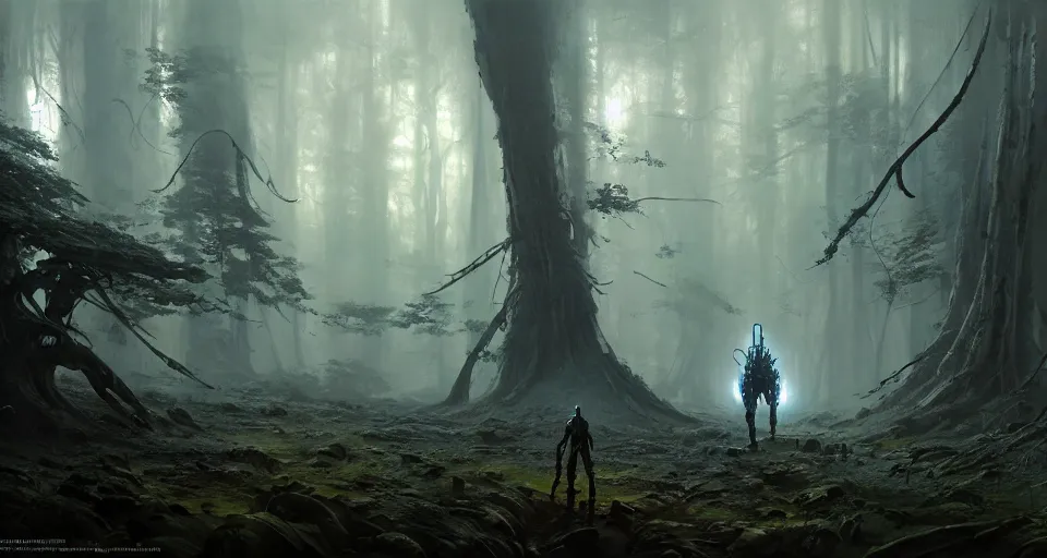 Image similar to hyper realistic sci - fi matte concept art painting of mecha walking through an alien forest, beautiful details, strong composition painted by kim jung guweta studio rutkowski, james gurney and greg rutkowski, and lucasfilm, smooth, intricate, detailed, sharp focus, cinematic