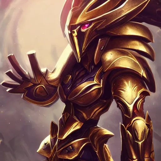 Prompt: cinematic, hyperdetailed league of legends azir armor metroid ravenbeak fanart gold armored bird wings regal gold sunray shaped crown, warframe, destiny, octane