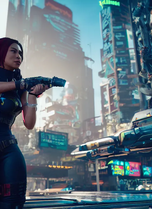 Image similar to film still of Kathryn Celestre as Johnny Silverhand in Cyberpunk 2077, gameplay, 8k, HD