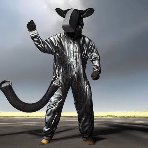 Image similar to a highly detailed ultra realistic photograph of a cow dressed in a fighter jet jumpsuit and mask