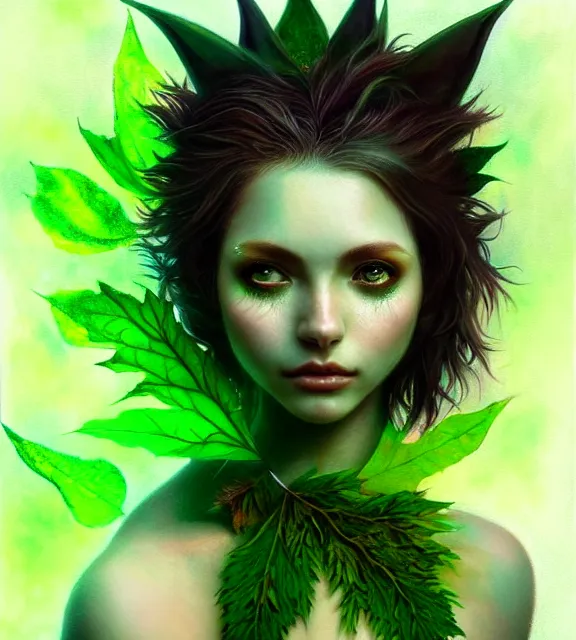 Image similar to beautiful female spriggan wearing green leaf halter top, perfect face, dark green leaf hair, with abs, cinematic, blush, stunning, elegant, highly detailed, psychedelic, digital painting, artstation, smooth, hard focus, illustration, art by jessica rossier and and brian froud