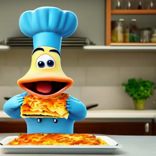 Image similar to pixar style cute platypus on a kitchen wearing a chef hat and holding a lasagna into an over, with three basil leaves over the lasagna, pixar style, 3 d, ratatouille style