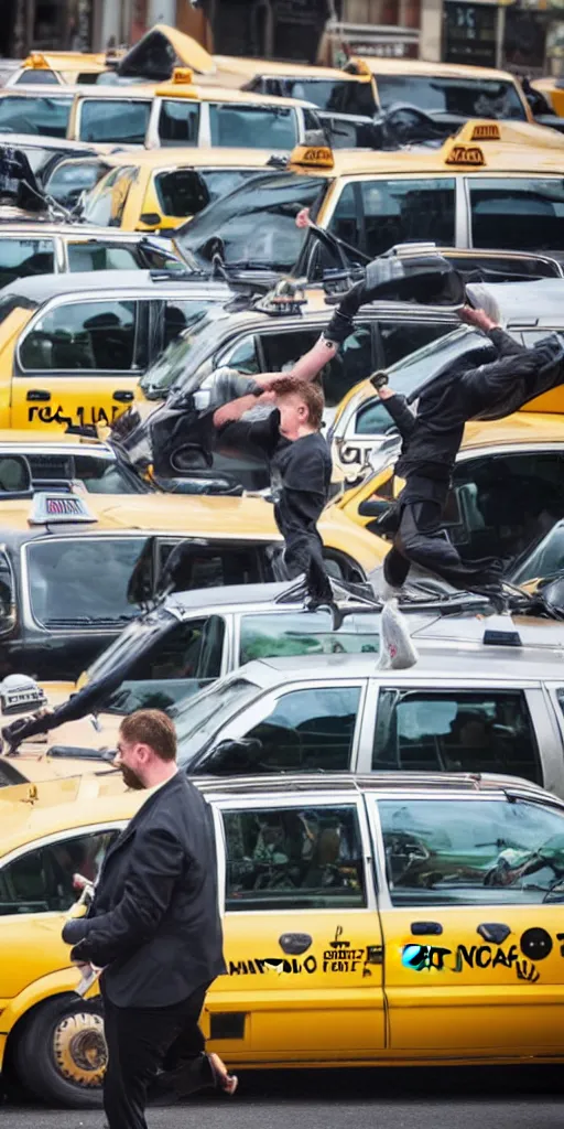 Image similar to of a punk Rock trumpet player really getting into a solo onto of a pile of taxi cars