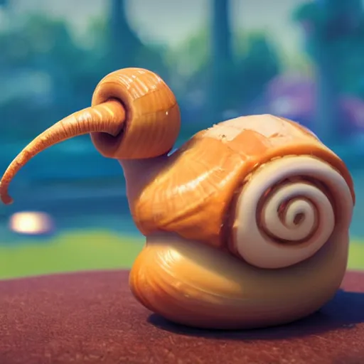 Image similar to cute cartoon snail with a cinnamon roll shell, still from pixar movie, disney 3 d, 8 k, octane render