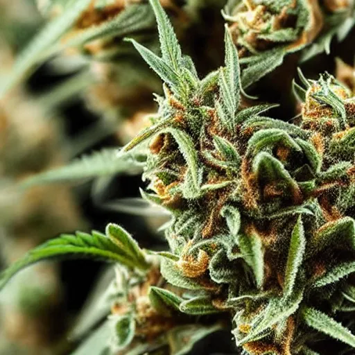 Prompt: marijuana flower with buds covered in trichomes, close - up highly - detailed