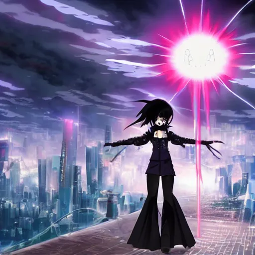 Image similar to 1 7 - year - old black haired anime goth girl wearing gothic jacket, spiky hair, super saiyan aura, psychi powers, floating above roof, futuristic city in background, 2 0 0 1 anime, subsurface scattering, intricate details, art by toei, art by studio gainax, studio trigger art, anime screenshot