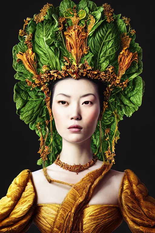 Image similar to a beautiful empress portrait, with a brilliant, impossible striking big salad headpiece, clothes entirely made out of salad, everything salad, symmetrical, dramatic studio lighting, rococo, baroque, greens, asian, hyperrealism, closeup, D&D, fantasy, intricate, elegant, highly detailed, digital painting, artstation, octane render, 8k, concept art, matte, sharp focus, illustration, art by Artgerm and Greg Rutkowski and Alphonse Mucha