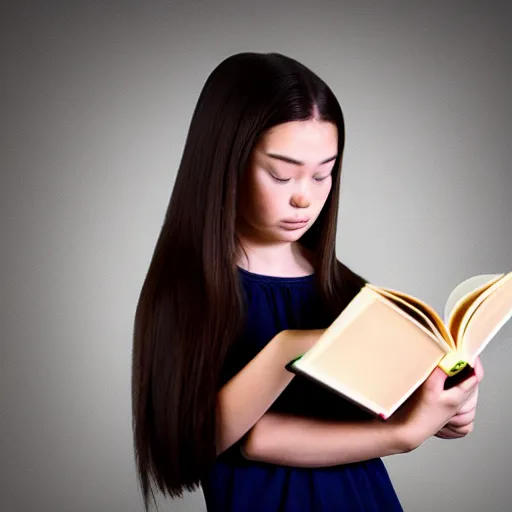 Image similar to photograph of a girl reading book, her hair flowing down. Extremely detailed. 8k