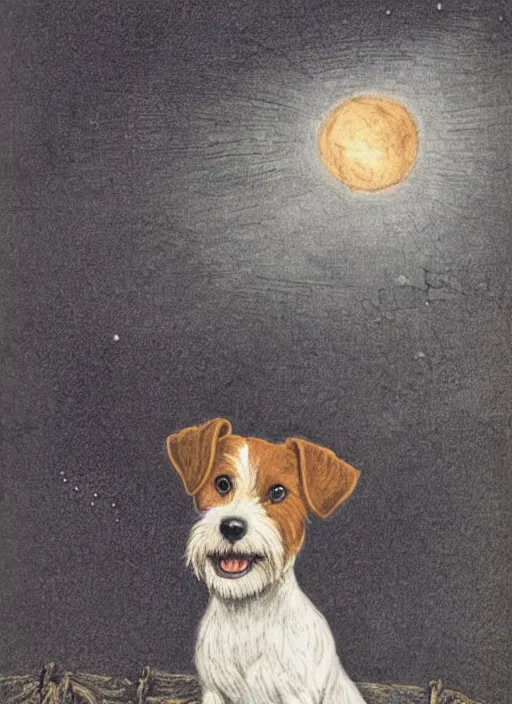 Image similar to candid portrait of jack russel dog sad mouth open, night sky, highly detailed, illustrated by peggy fortnum and beatrix potter and sir john tenniel