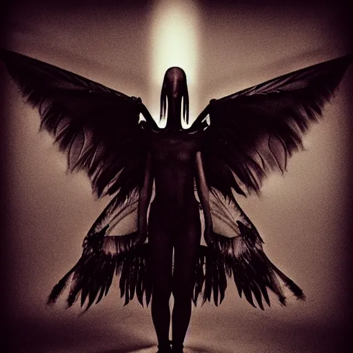 Image similar to a dark artistic photo of an alien creature with crazy wings, a polaroid photo