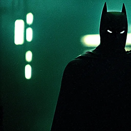 Prompt: film still of batman in blade runner 2 0 4 9, silhouette, cinematic, moody, gritty neon noir by emmanuel lubezki