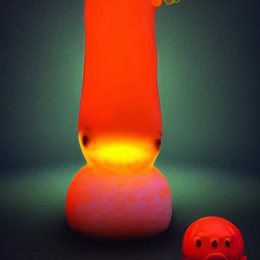 Prompt: single lava lamp with a gelatinous cute happy creature positioned inside, playful, globules, 8 k, render by pixar