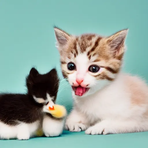 Prompt: 35mm macro shot a kitten licking a baby duck, studio lighting