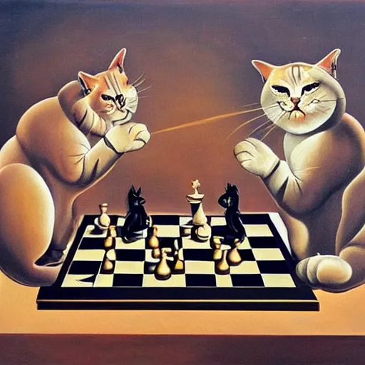 Prompt: dali surrealist painting of two cats playing chess