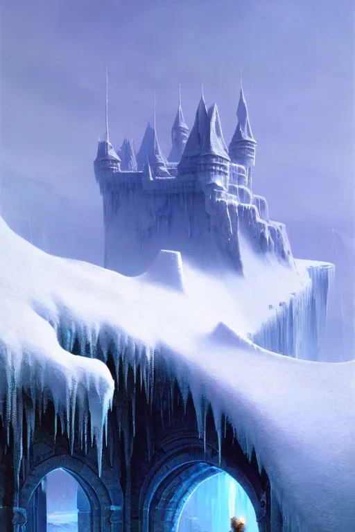 Image similar to castle of ice by bruce pennington and gustave courbet, 4 k, hd, amazing details, sharp focus, post - processing, smooth, sharp focus, artstation hd, by greg rutkowski