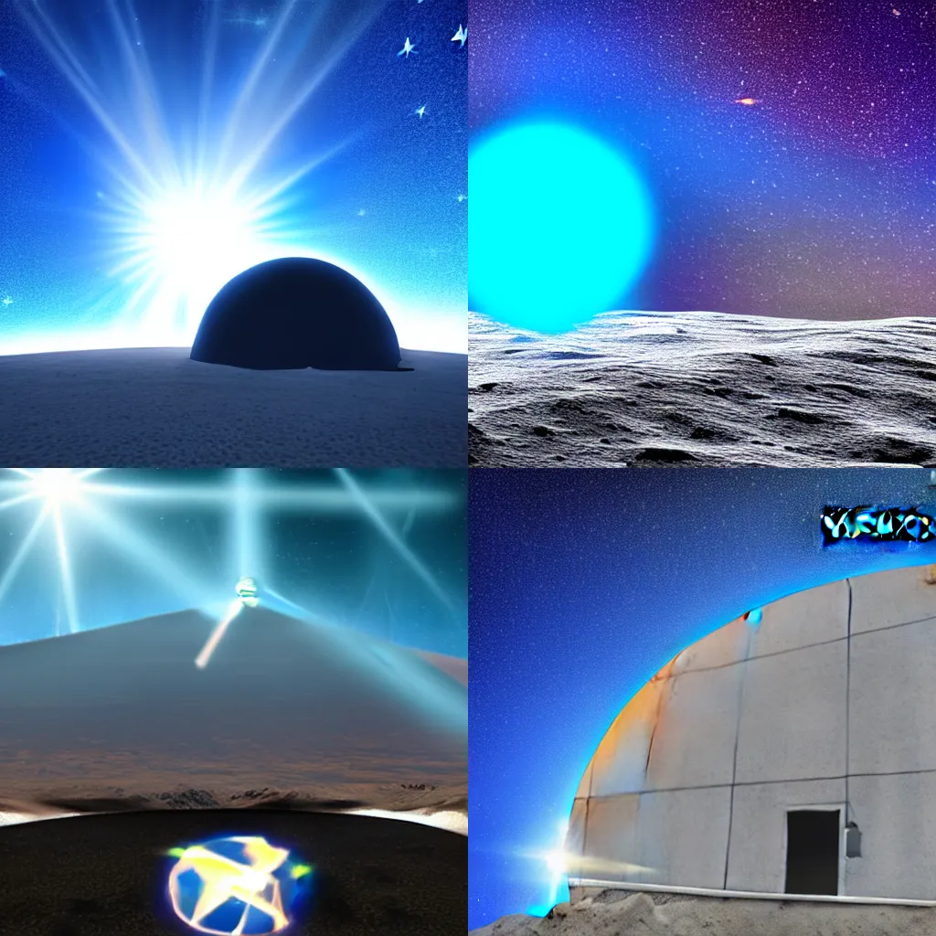 Image similar to Blue Text that says 3kliksphilp, with a picture of a concrete building in a martin crater, with a star in the sky with creating lens flare, CGI