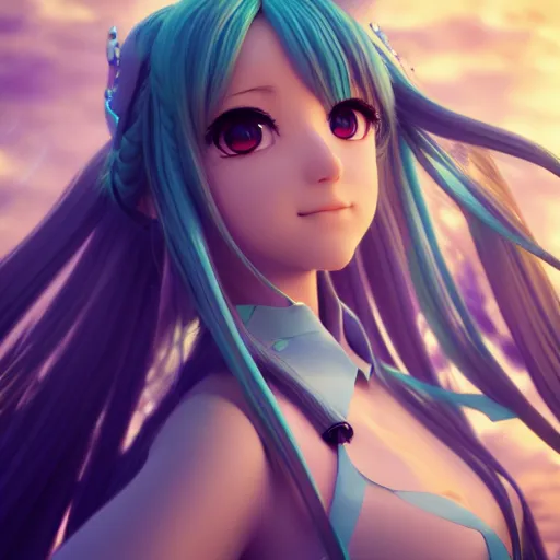 Prompt: render of a full body portrait as a very beautiful 3d anime girl Hatsune miku, long braided teal hair, hazel eyes, revealing outfit, full round face, short smile, cinematic lightning, medium shot, mid-shot, highly detailed, trending on Artstation, Unreal Engine 4k, cinematic wallpaper, by Gil Elvgren
