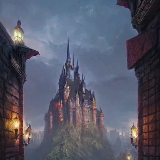 Image similar to a fantasy castle, frog perspective, dramatic lighting, city background, chiaroscuro, high detail, painted by greg rutkowski, painted by igor kieryluk, painted by bobby chiu, trending on artstation