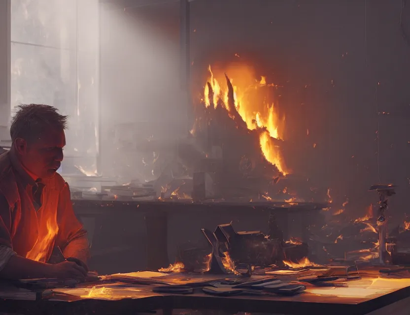 Image similar to a man works at a workstation in a very hot office with burning fires, local close up, featured in artstation, octane render, intricate, ultra detailed, fantasy, concept art, sharp focus, illustration, 8 k