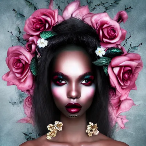 Image similar to portrait of a black woman inspired by Natalie Shau, Anna dittmann,flower crown, pretty eye makeup, cinematic