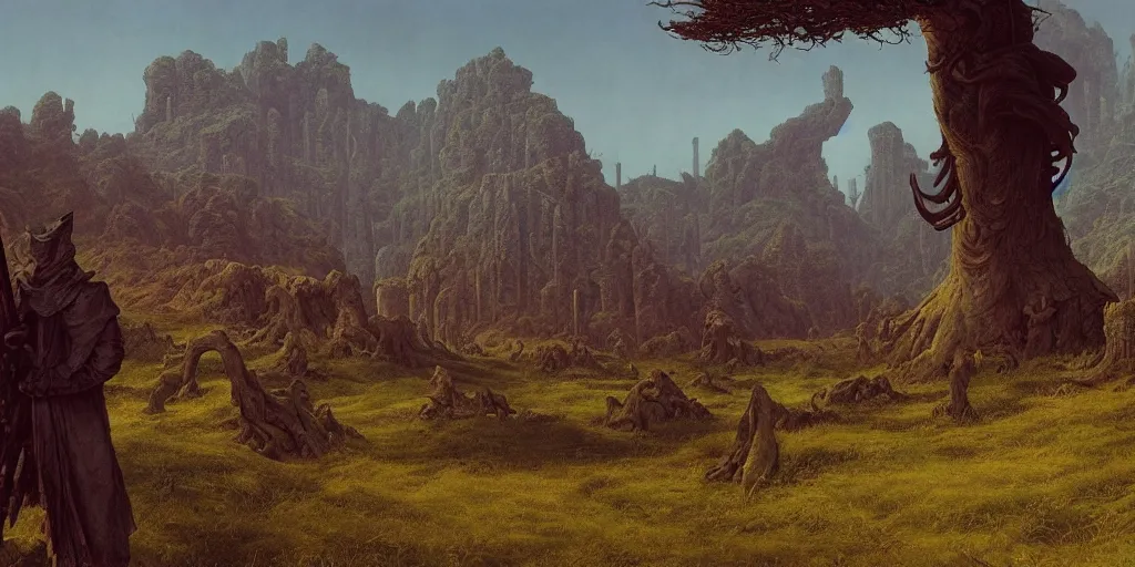 Prompt: background environment without main subject to focus on, volumetric light from nearby sources, style by caspar david friedrich and wayne barlowe and ted nasmith.