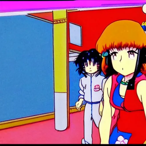 Image similar to beautiful woman chasing her little dog, sprite, vaporwave nostalgia, directed by beat takeshi, visual novel cg, 8 0 s anime vibe, kimagure orange road, maison ikkoku, sketch by akira toriyama