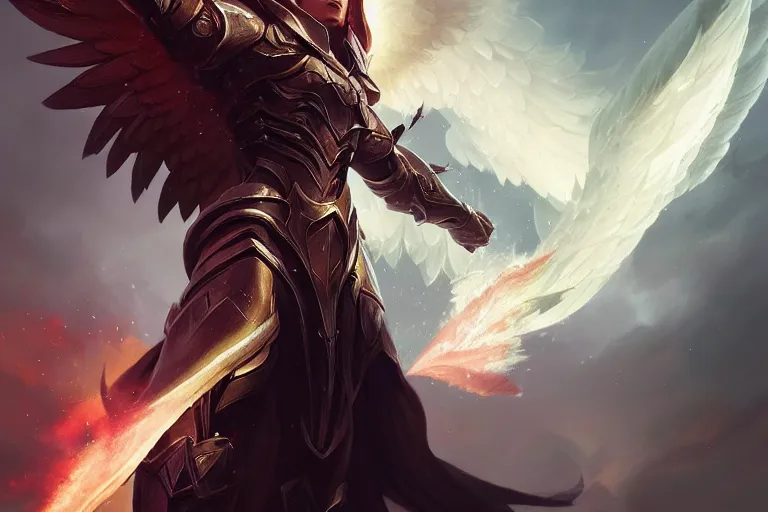 Image similar to amazing portrait of archangel micheal, league of legends splash art, deiv calviz, splash art, natural light, elegant, intricate, fantasy, atmospheric lighting, by greg rutkowski, league of legends splash art, hd wallpaper, ultra high details