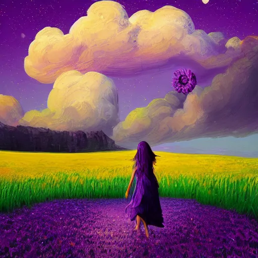 Image similar to giant purple daisy flower as a head, girl walking in wheat field, hills, surreal photography, dark night, star trails, dramatic light, impressionist painting, clouds, digital painting, artstation, simon stalenhag