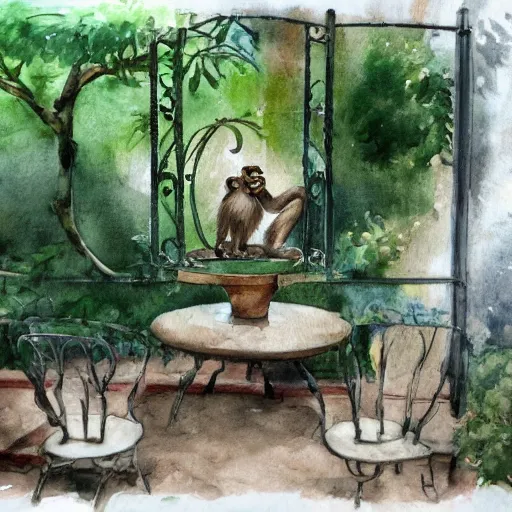 Image similar to delicate, monkey on chairs, garden, paved, botanic watercolors, iridescent, 8 k, realistic shaded, fine details, artstation, italian, iron gate, tree, mediterranean, marvelous