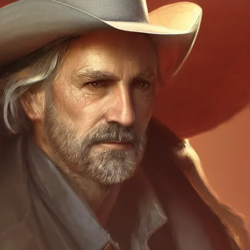 Image similar to portrait of a man with a long duster, grey hair and a cowboy hat, harsh good looking face, drawn by ruan jia, fantasy art, dramatic lighting, digital art, 8 k, highly detailed
