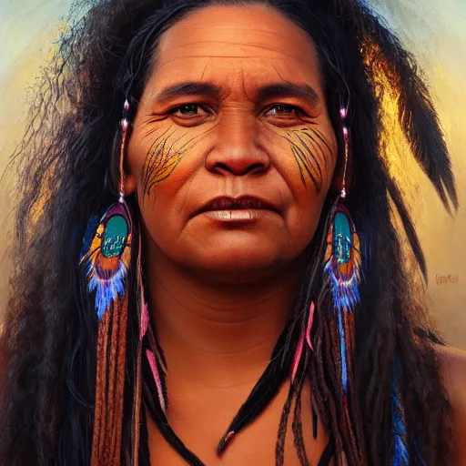 Image similar to portrait of an aboriginal australian woman ( 3 5 ) from australia in 2 0 2 1, an oil painting by ross tran and thomas kincade