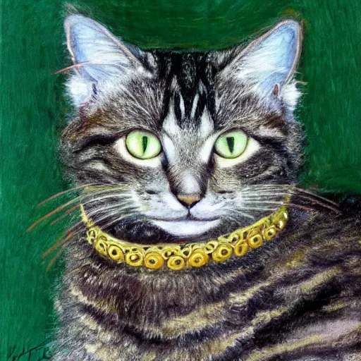 Image similar to portrait of a very fluffy dark tabby cat with green eyes, starlight, full body, smiling cat, golden colors, jewelry, intricate, elegant, highly detailed, smooth, sharp focus, illustration, art by gustav klimt