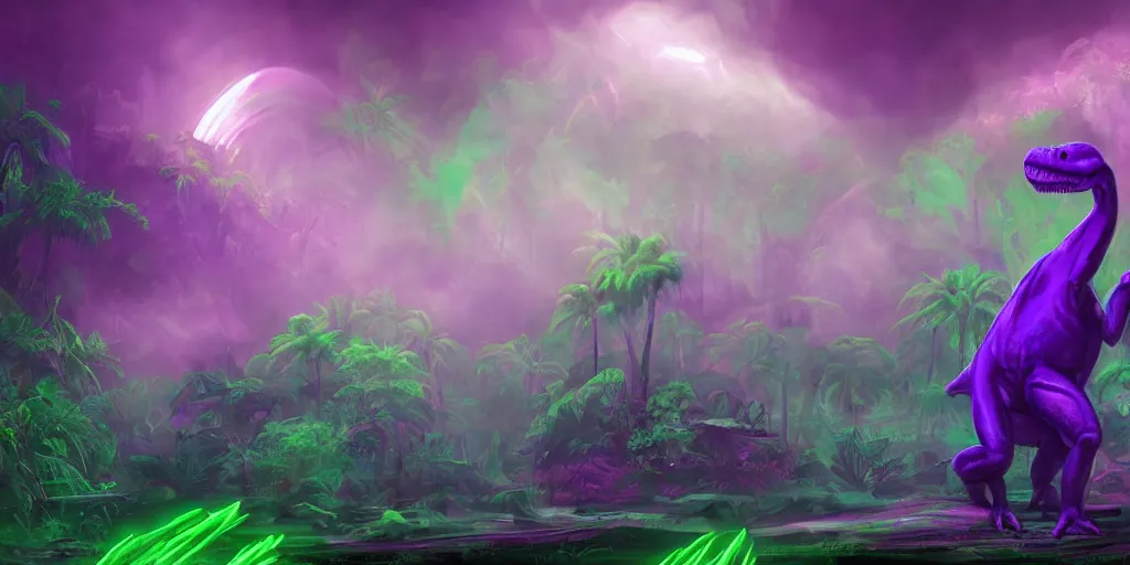 Image similar to spectral purple neon ghost dinosaur, green jungle background, detailed, ultrawide landscape, concept art