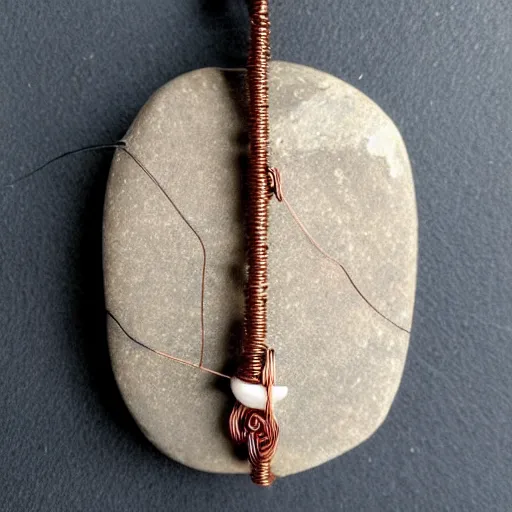 Image similar to beautiful but simple amulet made from equal parts sandstone and dirtstone, bound together by copper wire